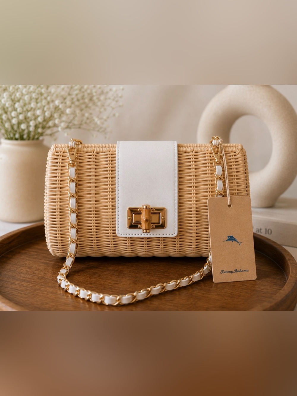 Tommy Bahama Woven Rattan Clutch Shoulder Bag White Bamboo Turnlock Resort NEW - Picture 2 of 12